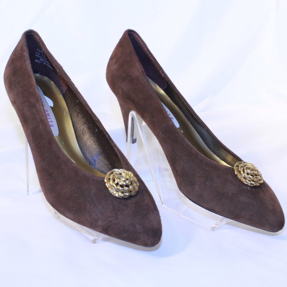 Amanda Smith Size 8.5 Brown Kid Suede Pointed Toe Embellished EMERALD Pumps